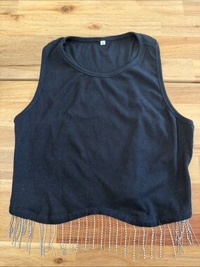 Source Unknown Black Ribbed Crop Top with Crystal Fringe